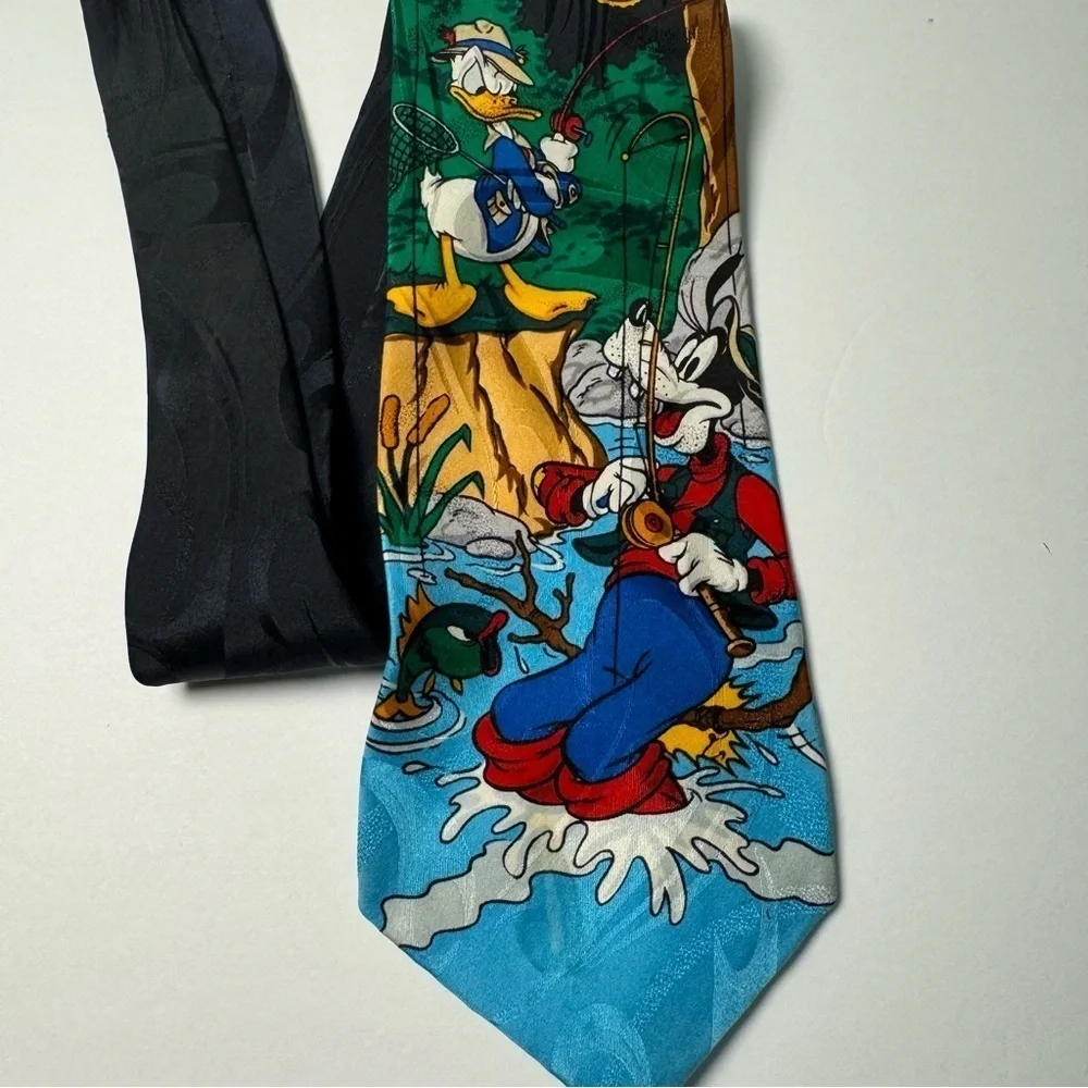 Disney Vintage Neck Tie Featuring Mickey Mouse, Donald Duck, & Goofy Fishing